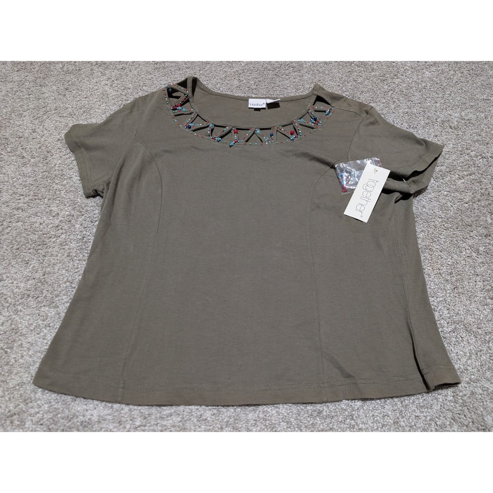 Together Top Women XL Olive Green Beaded Lattice Neck Cotton Boho Short‎ Sleeve